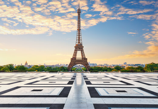 Eiffel Tower main symbol of Paris, sunset light view from Trocadero Square