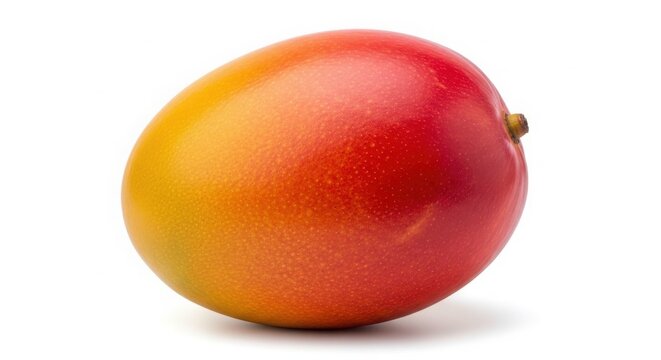 Ripe mango fruit with vibrant red and yellow skin, whole organic mango for healthy eating, fresh tropical fruit ingredient for culinary recipes isolated on White Background