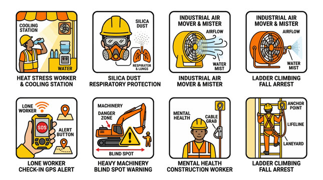 Industrial Construction Safety Icons Set for Workplace Health and Hazards