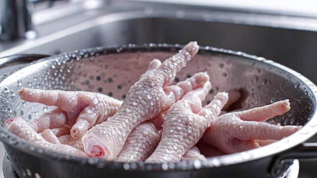 Washing raw chicken feet with water in a stainless steel colander in a kitchen sink for cooking preparation