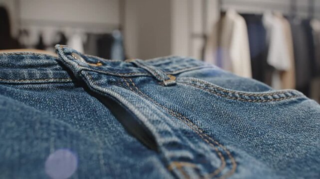 Close-up of denim jeans on a rack, with shallow depth of field, focused on texture and stitch detail