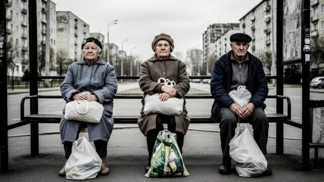 Elderly woman and man sitting on bus stop bench with grocery bags. Scarcity and struggle during economic crisis. Financial hardship for senior citizen on street.
