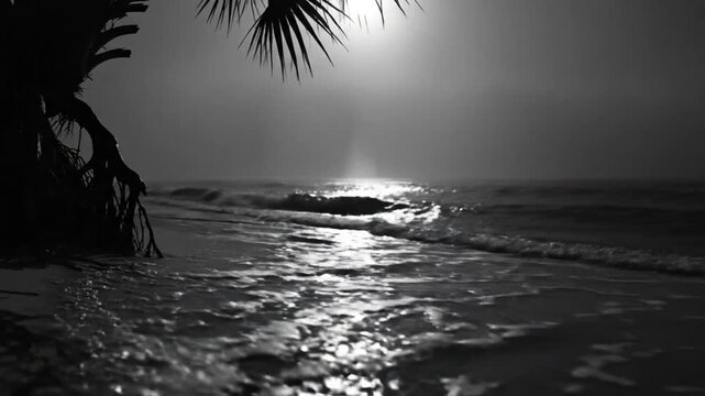 Black and white seaside landscape with palm leaves and sunlight reflecting on the water at the beach