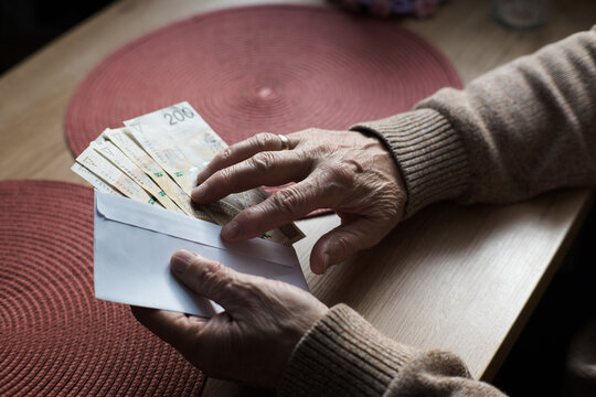 A senior, an elderly person, holds Polish money in his hands.
