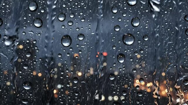 Raindrops cascading down a window with cityscape view, thunder and lightning add to a dramatic and moody atmosphere