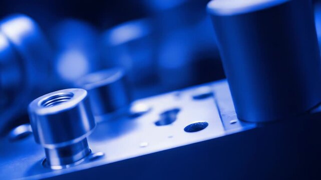 Close up of shiny metal industrial components mounted on a metal plate, glowing with a futuristic blue light, reflecting the high tech precision engineering and advanced manufacturing process