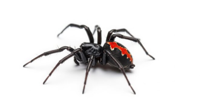 Redback Spider with Distinctive Red Stripe Marking on Black Abdomen isolated on White Background