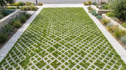 Naklejka premium Green Permeable Grass Pavers in Modern Landscape Design for Sustainable Urban Development