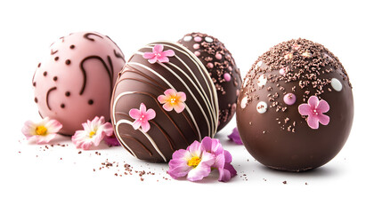 Naklejka premium Assorted chocolate easter eggs with sprinkles and flowers