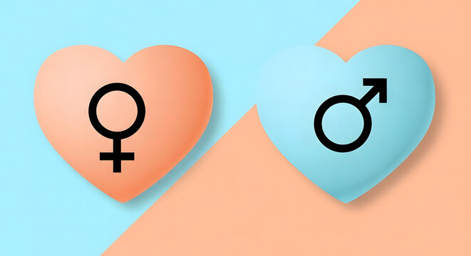Male and female gender symbols on hearts