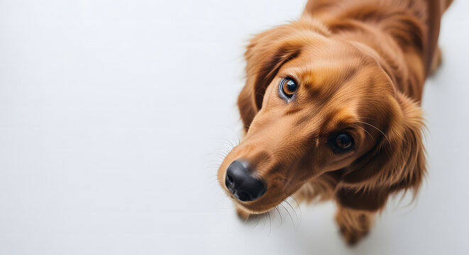 A brown dog with a curious expression on a white background