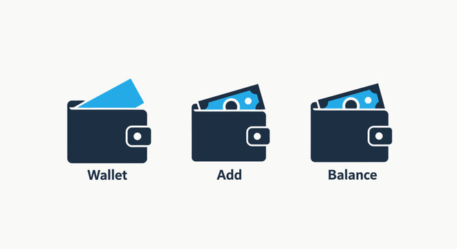 Digital wallet and financial management icons for adding funds, checking balances, and secure mobile payments, e-commerce, and banking