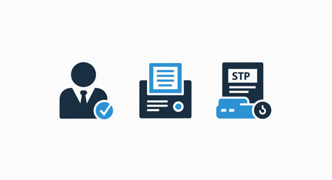 Verified user, document management, and secure stp file transfer icons for digital verification and data security systems