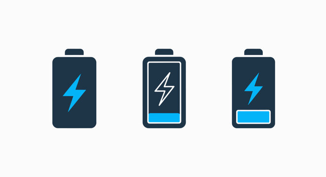 Battery charging status indicator icons set: full, half, and low power levels for mobile devices, electric vehicles, and energy storage applications