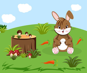 Naklejka premium A hare is sitting in a meadow surrounded by carrots and a stump nearby, and mushrooms on top of it.