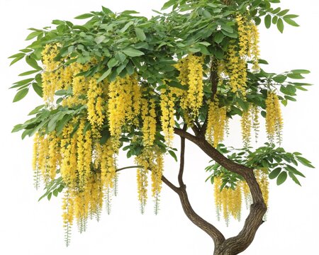  Laburnum &ndash; Yellow laburnum golden chain cascading flower clusters with green leaves, isolated on white background