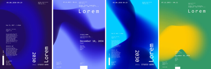 Abstract gradient posters featuring fluid shapes and modern typography. The vibrant color transitions create a dynamic visual effect, perfect for contemporary design projects. © Molibdenis-Studio