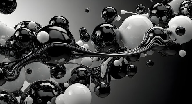 Abstract liquid black and white glossy spheres merging and flowing dynamically