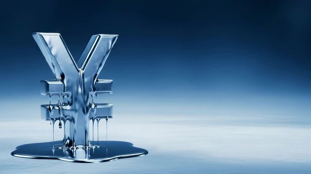 Melted yen currency symbol representing economic crisis and financial instability. Abstract concept of monetary inflation, market decline, and global wealth loss.