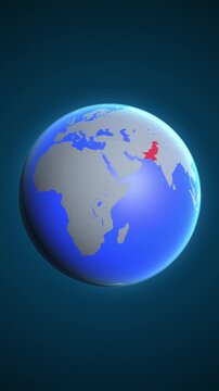 The animation shows a graphic representation of the earth and highlights the location and map of Pakistan colored red in vertical format.
