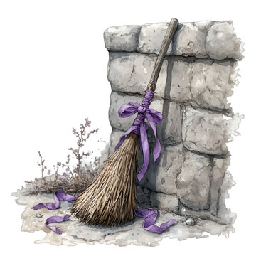 Watercolor vintage witch besom broom with purple ribbon leaning on stone wall