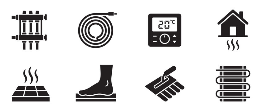 Underfloor heating system and home climate icons set. Vector Illustration.
