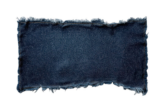 Blue denim fabric text box showing torn, frayed edges with visible stitching, a distressed blank patch
