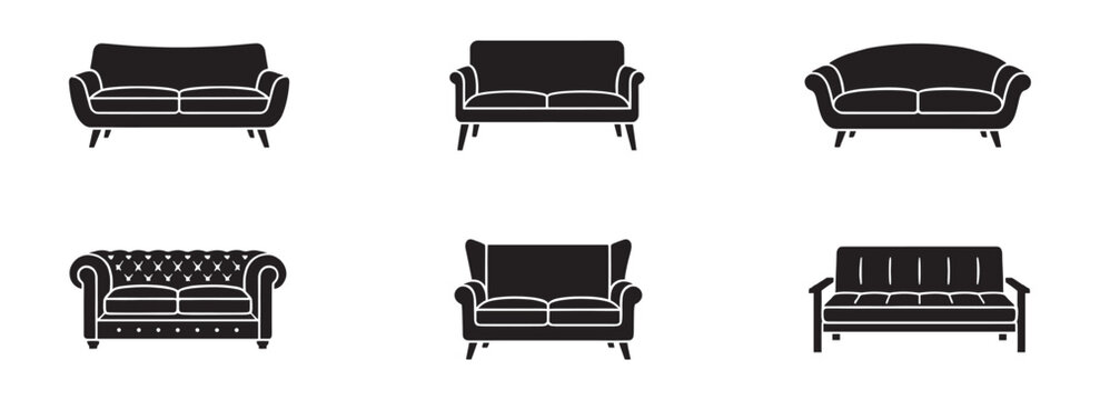 Modern sofa and couch silhouette icon set, home interior and living room furniture isolated on white. Vector Illustration.