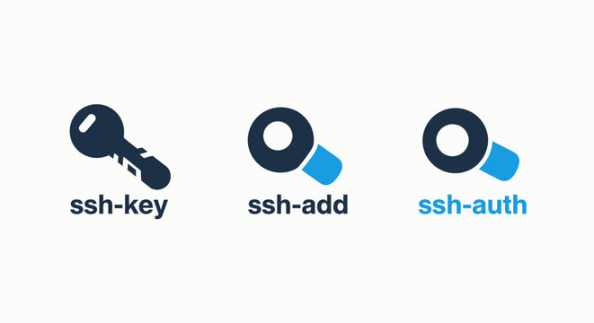 Ssh key, add, and auth icons representing secure access, network authentication, cybersecurity, and digital data protection solutions