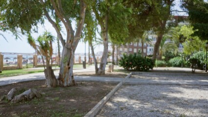 Fototapeta premium Blurred park with soft bokeh trees, defocused promenade and gravel path, shallow focus on foreground trunks; background backplate calm.