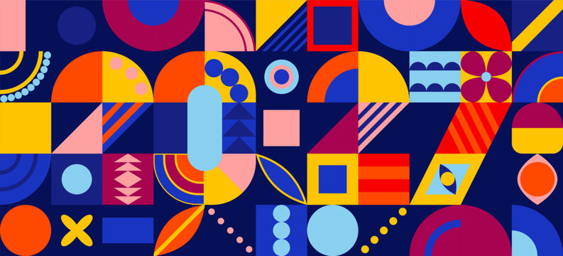 2027 New Year design with abstract geometric pattern. Vintage, retro decorative shapes, bright colors element, tiles on grid. Holiday typography. Vector illustration on blue background, backdrop