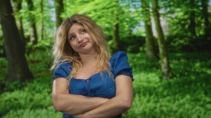 Obraz premium Woman blonde with arms crossed, bare forearms visible, wearing a blue dress in a forest with green trees and lush foliage; defiance stubbornness resilience.