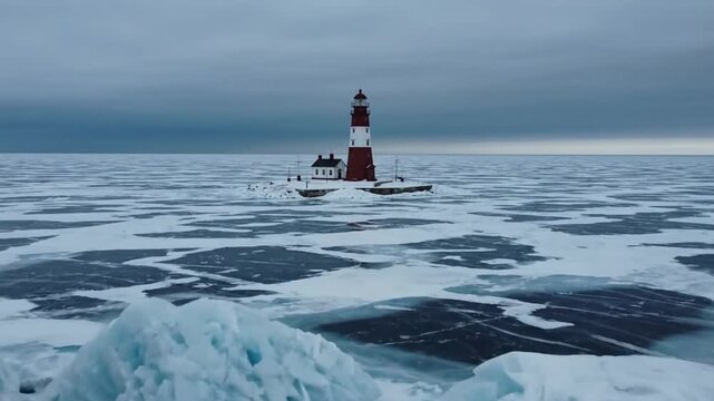 Drone view of a lonely lighthouse surrounded by ice on a cold winter day, showcasing a scenic coastal landscape
