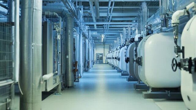 Rows of large tanks and complex piping systems fill a clean industrial hall, representing advanced technology and processes in a modern manufacturing or research environment
