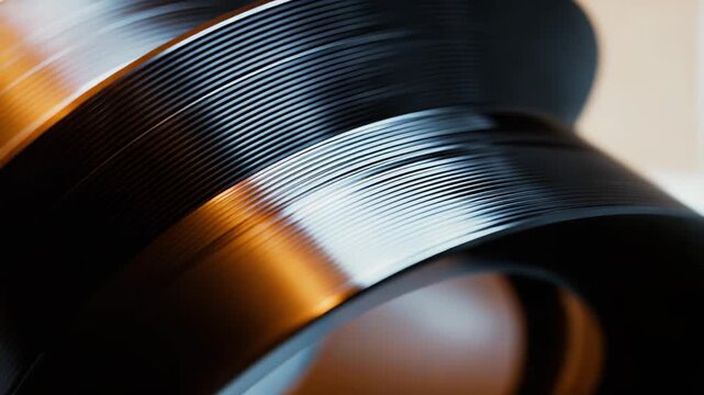 Metallic surface featuring sleek curves and parallel grooves, forming an intricate abstract pattern with cool blue tones and subtle lighting, conveying precision and technology