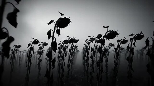 Black and white view of a withered sunflower field with moody atmospheric perspective