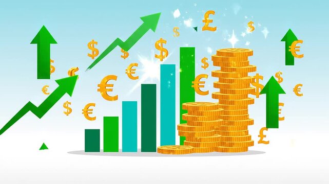 minimal flat animation of business growth, bar chart rising, coins stacking, upward arrows, financial success concept, clean background, seamless loop