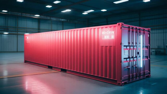Red shipping container standing on a polished floor within a vast industrial warehouse, illuminated by soft blue and pink ambient light, symbolizing modern logistics and global trade