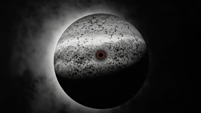 Surreal abstract sphere resembling a planet with cracked surface and a sinister red eye against a dark ominous backdrop