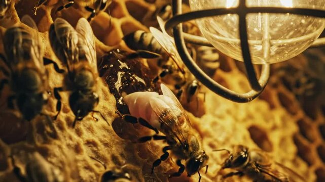 Close-up of bees around a developing queen bee cell on honeycomb illuminated by a warm light