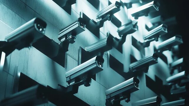 Security cameras observing public and private spaces, creating a sense of constant watch, reflecting themes of protection, monitoring, and ubiquitous digital presence