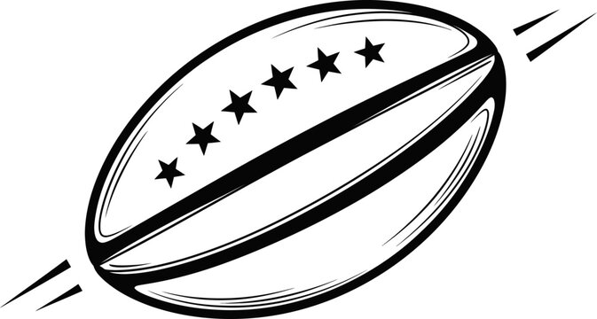 Rugby ball silhouette with motion lines and star pattern