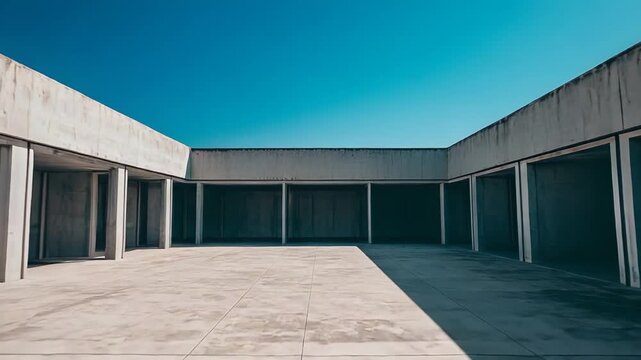 Concrete brutalist building framing an empty outdoor courtyard with strong shadows under a clear blue sky, emphasizing modern design and geometric forms