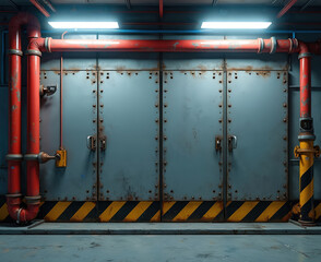 Fototapeta premium Heavy metal doors show red pipes and hazard stripes under fluorescent lights. Industrial interior has grunge texture, rivets, and conduit systems. Utility pipes run along wall.