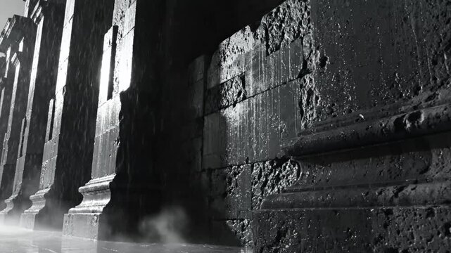 Rain and Fog Effect on Ancient Stone Architecture with Classical Column Facade and Rough Weathered Wall