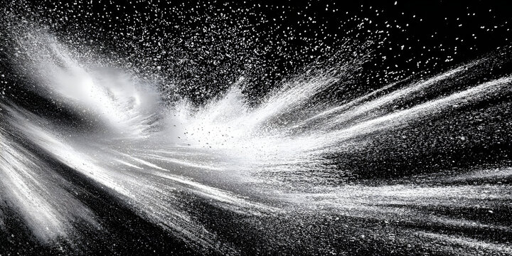 White texture spreads across black background with noise created by particles in motion during high-speed action
