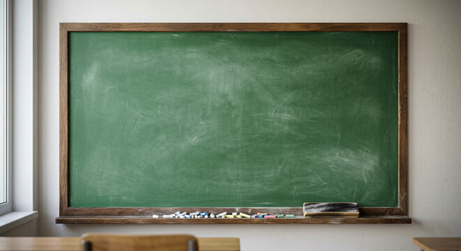 Empty green blackboard with wooden frame in classroom with chalks and eraser