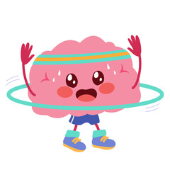 Fototapeta premium Cartoon vector illustration of a sweating brain mascot doing hula hoop exercise representing physical activity, mental health and healthy lifestyle
