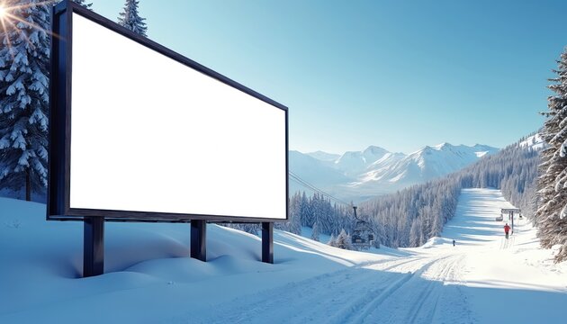 Large blank billboard at snowy mountain ski slope. Snow covered trees and mountains backdrop. Ski lift with cabins passes overhead. Sunny clear sky over winter resort.