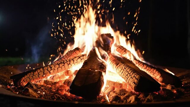 Burning campfire in metal fire pit at night with blazing flames, glowing embers, and a dark background